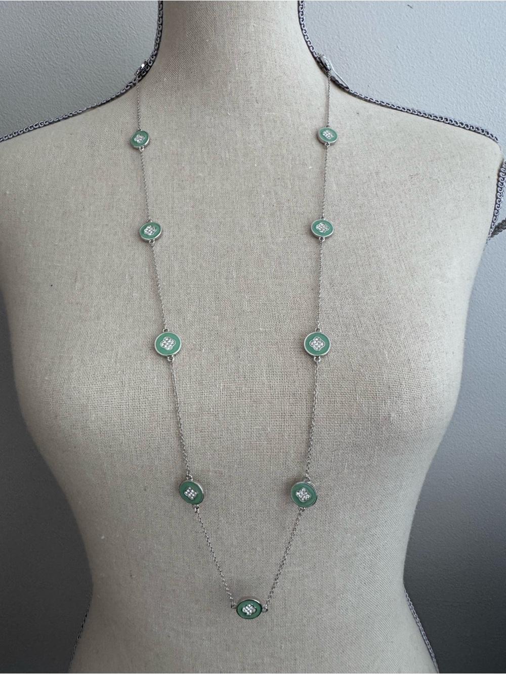 NWT Long Silver Necklace, Green Enamel Discs w/ Four-leaf Clover Crystals!